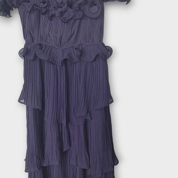 Just Me Womens Maxi Sz M Navy Off-Shoulder Ruffle Tiered Dress Gown Wedding Prom - Picture 6 of 16